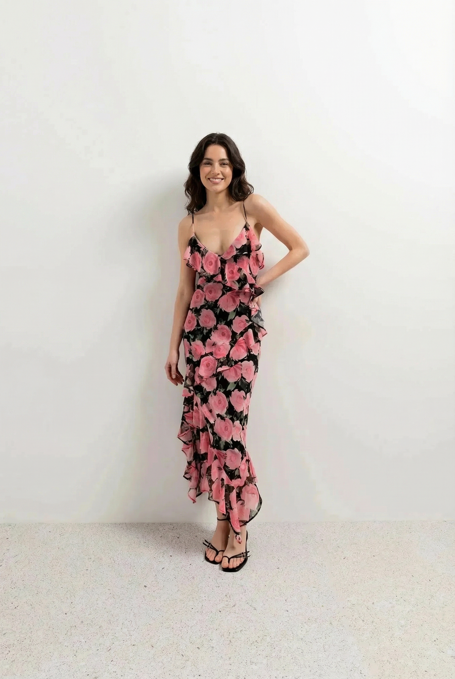 🌸 Bohemian chic pink ruffled printed dress – summer dress with thin straps