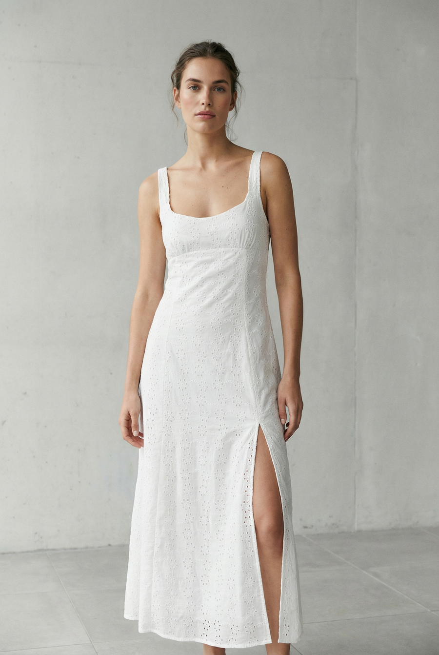 Long white English embroidery dress – Lightweight cotton and elegant slit