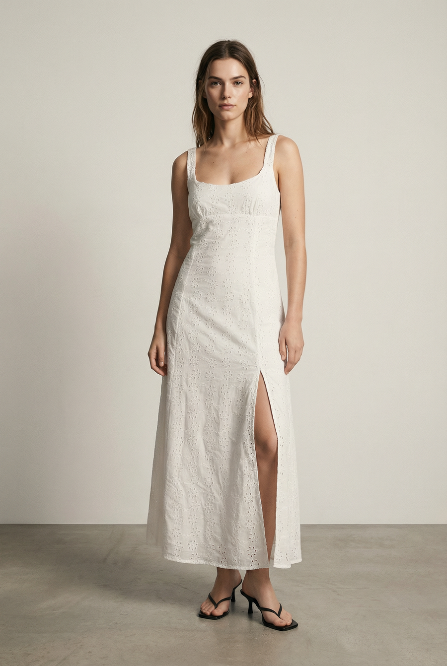 Long white English embroidery dress – Lightweight cotton and elegant slit