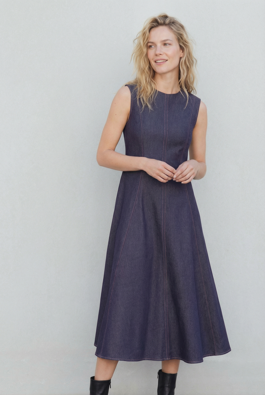 Robe longue effet denim bleu vue de profil