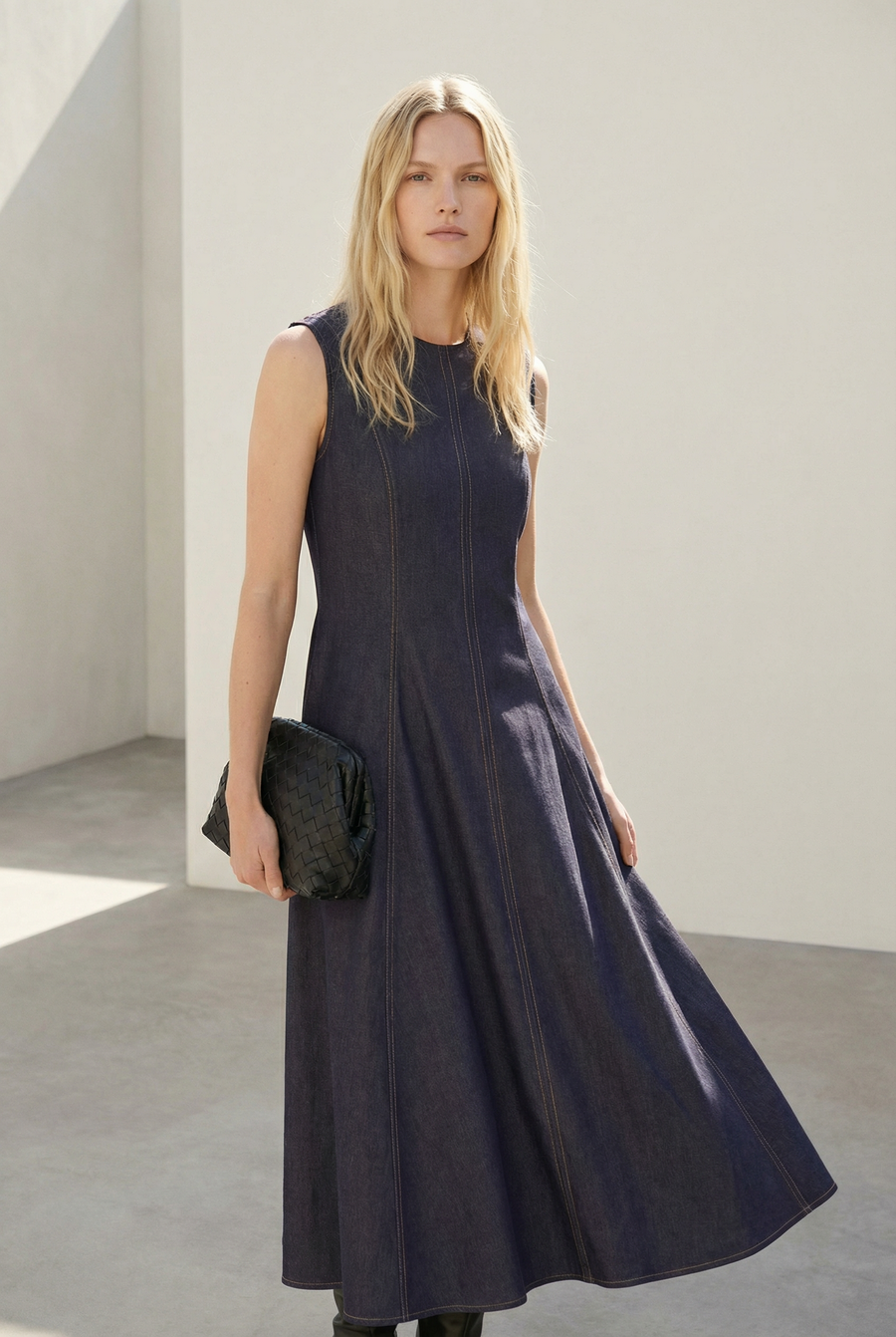 Robe longue effet denim bleu vue portée