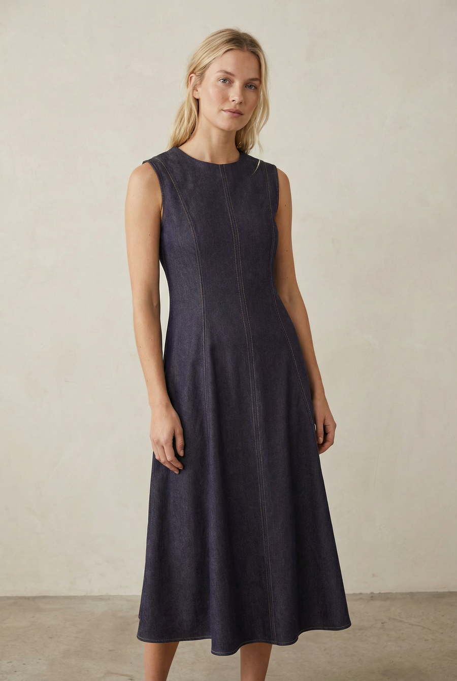 Robe longue effet denim bleu look complet