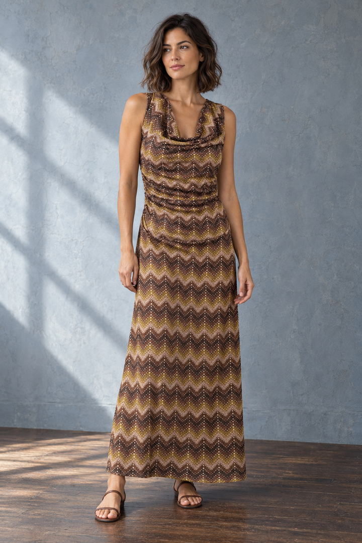 Robe longue fluide – Coupe sans manches col V – Polyester extensible