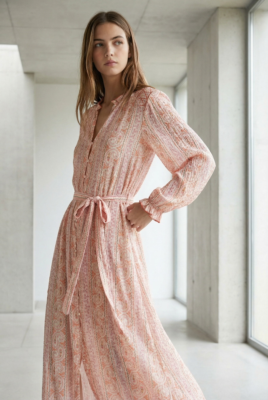 Robe longue fluide imprimée avec ceinture rose