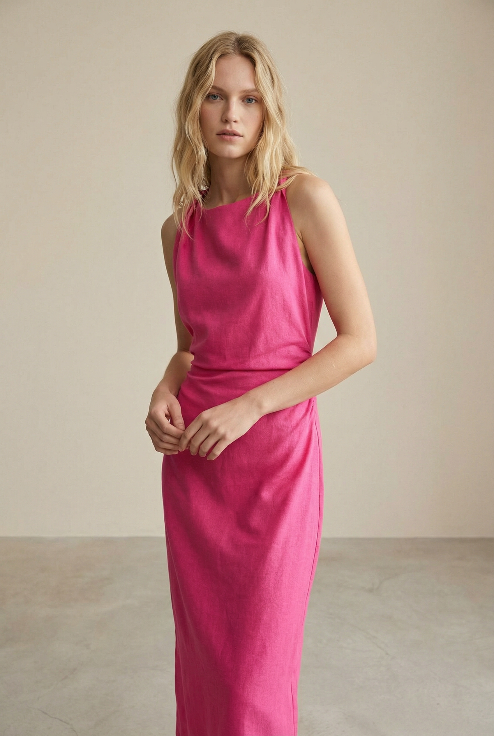 Elegant fuchsia linen dress – long cut and gathered neckline