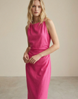 Elegant fuchsia linen dress – long cut and gathered neckline