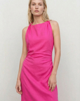 Elegant fuchsia linen dress – long cut and gathered neckline