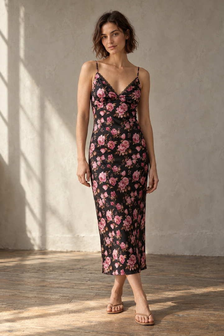 Robe longue satinée fleurie noire vue principale