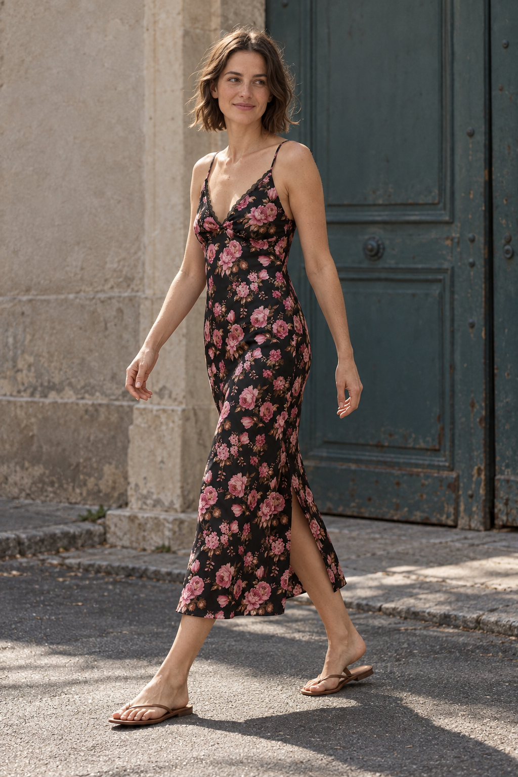 Robe longue satinée fleurie noire vue de profil