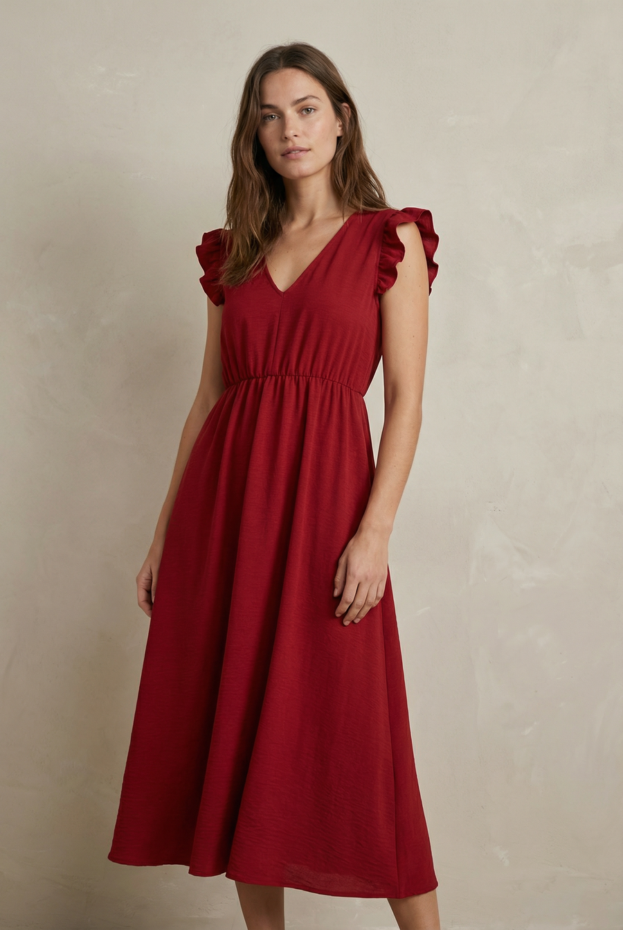 Robe midi fluide V-col sans manches taille élastique