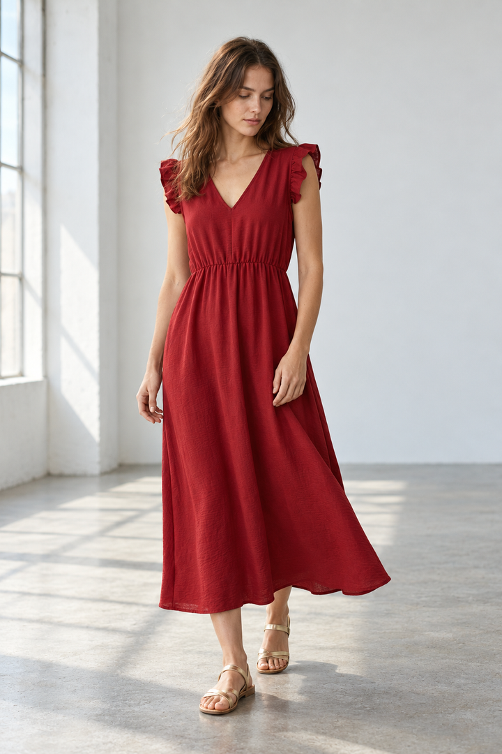 Robe midi fluide V-col sans manches taille élastique