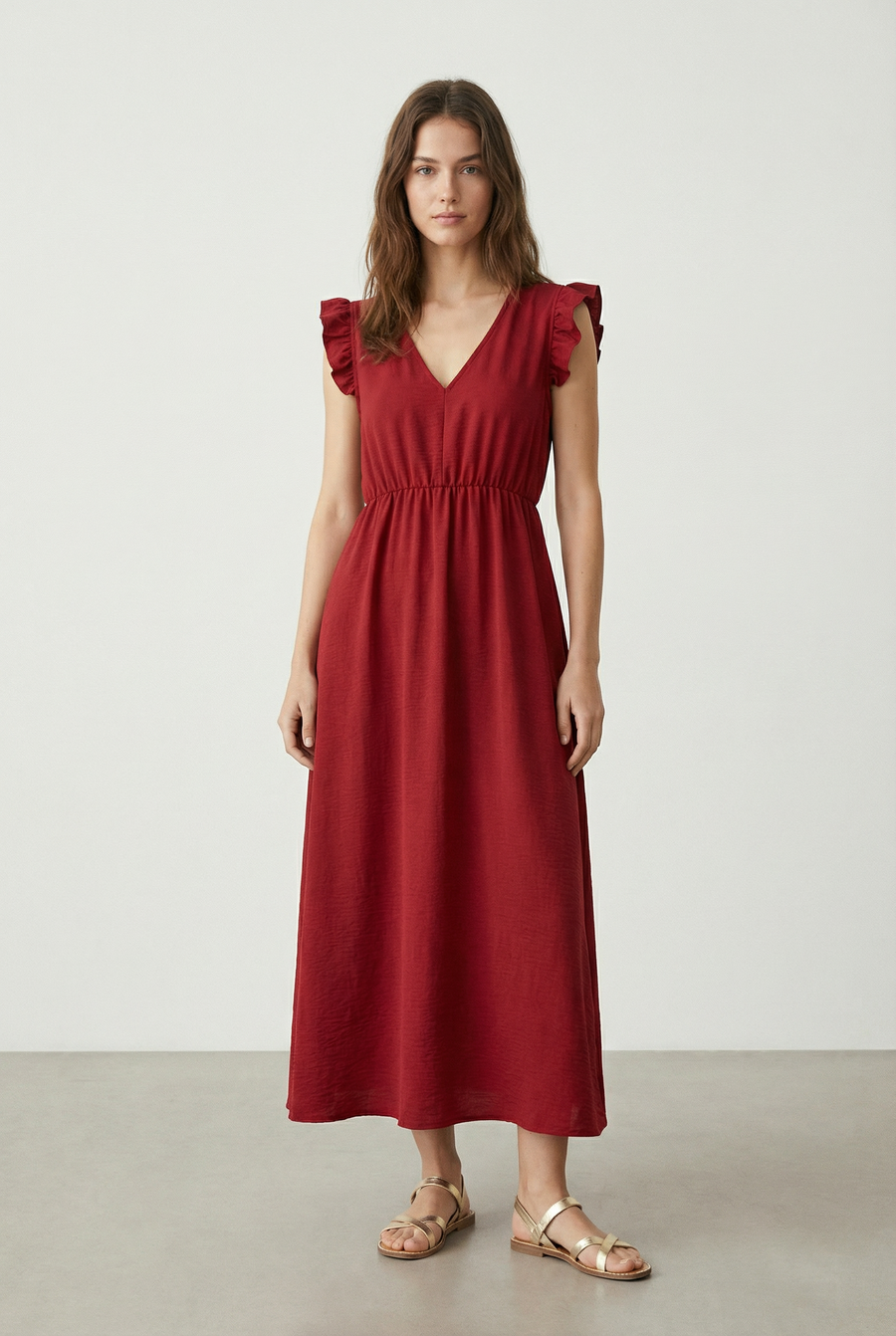 Robe midi fluide V-col sans manches taille élastique