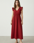 Robe midi fluide V-col sans manches taille élastique