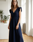 Robe midi fluide V-col sans manches taille élastique