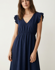 Robe midi fluide V-col sans manches taille élastique