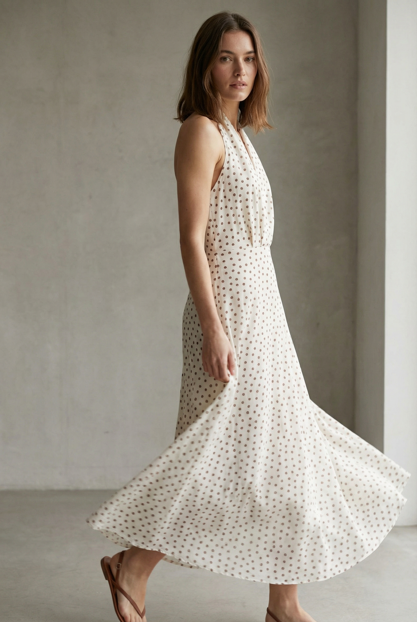 Femme en robe midi imprimée écru à pois, col halter décolleté plongeant, se déplaçant avec élégance.