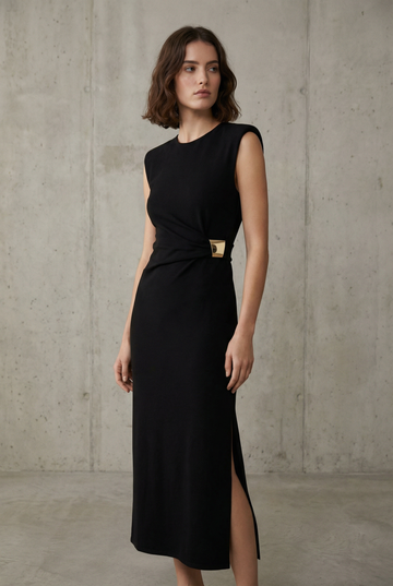 Robe midi noire élégante à applique dorée