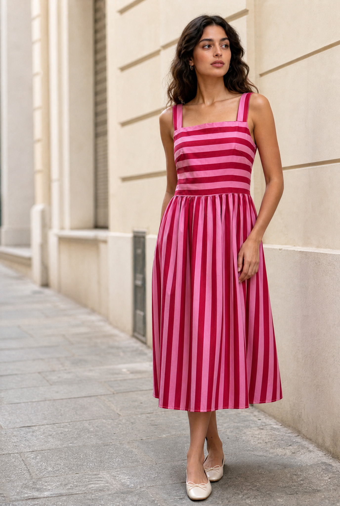 Robe midi rayée à bretelles larges