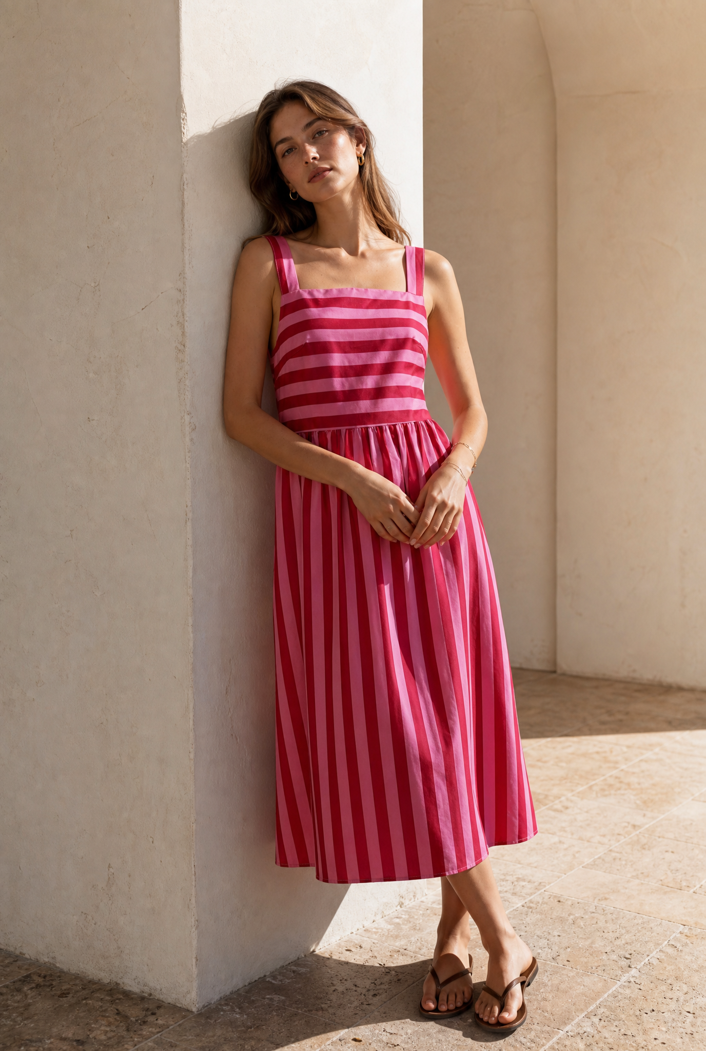 Robe midi rayée à bretelles larges