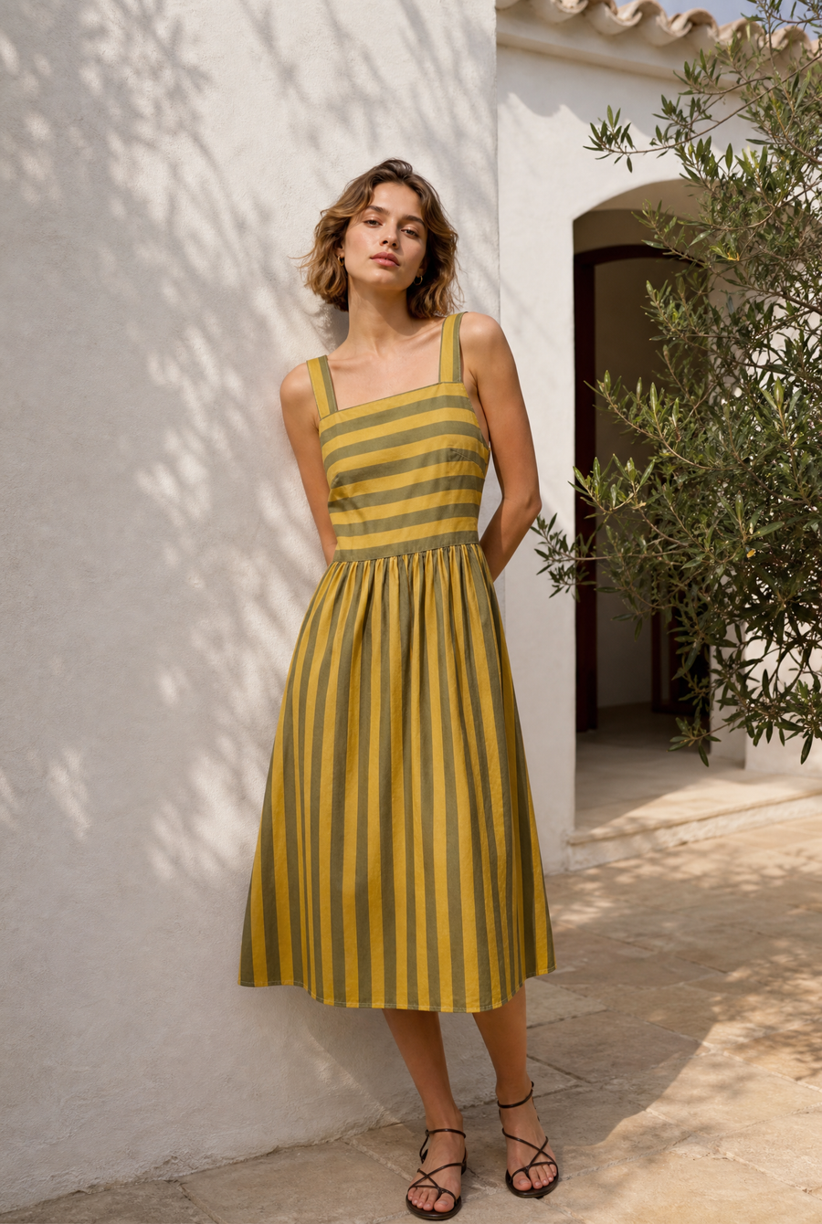 Robe midi rayée à bretelles larges