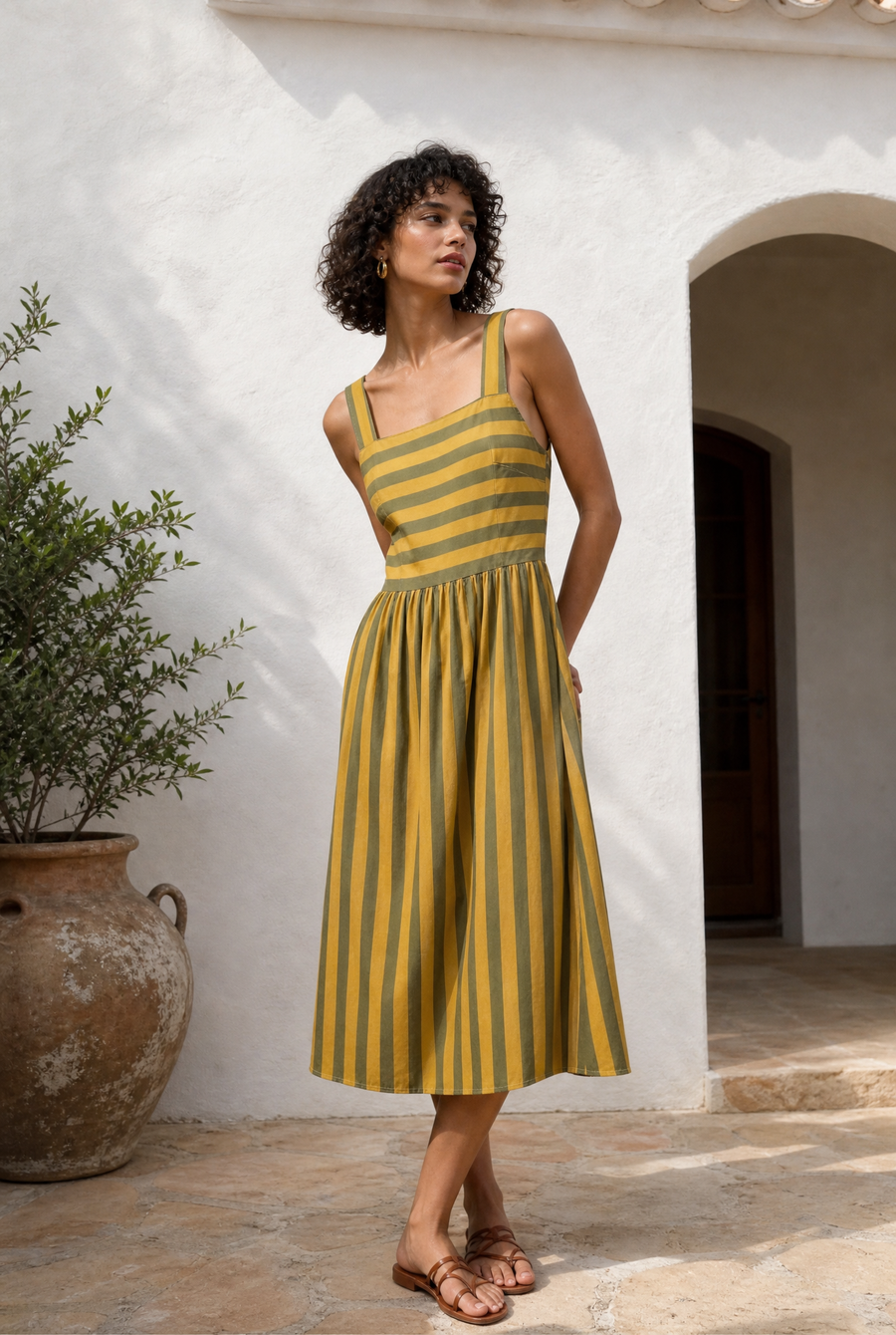 Robe midi rayée à bretelles larges