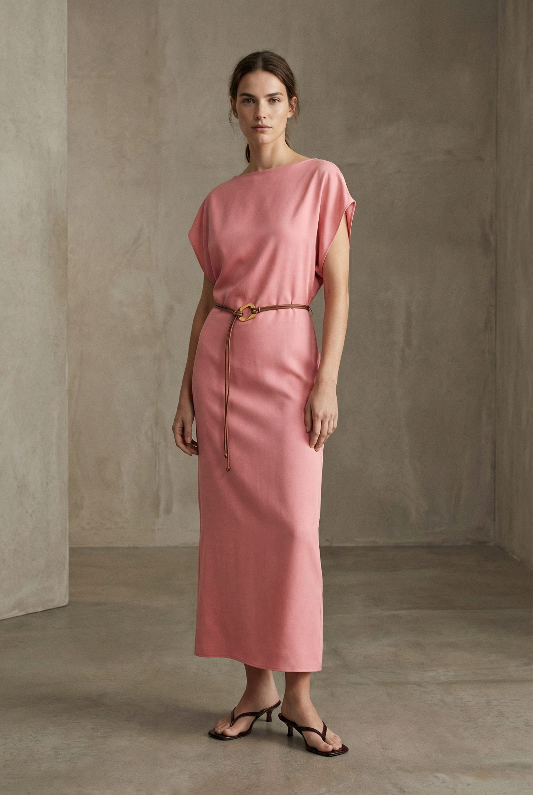 Femme élégante en robe midi satinée avec ceinture fine couleur rose, posant dans un intérieur moderne.