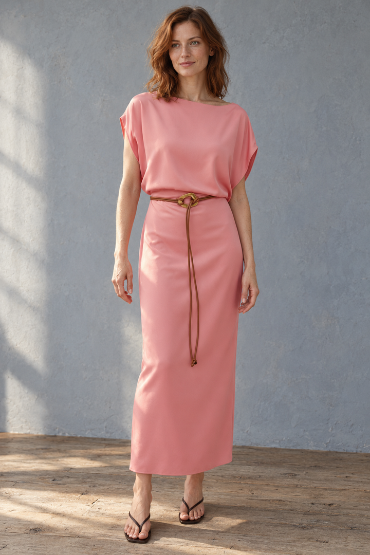 Modèle portant une robe midi satinée avec ceinture fine couleur rose, parfaite pour un style chic et décontracté.