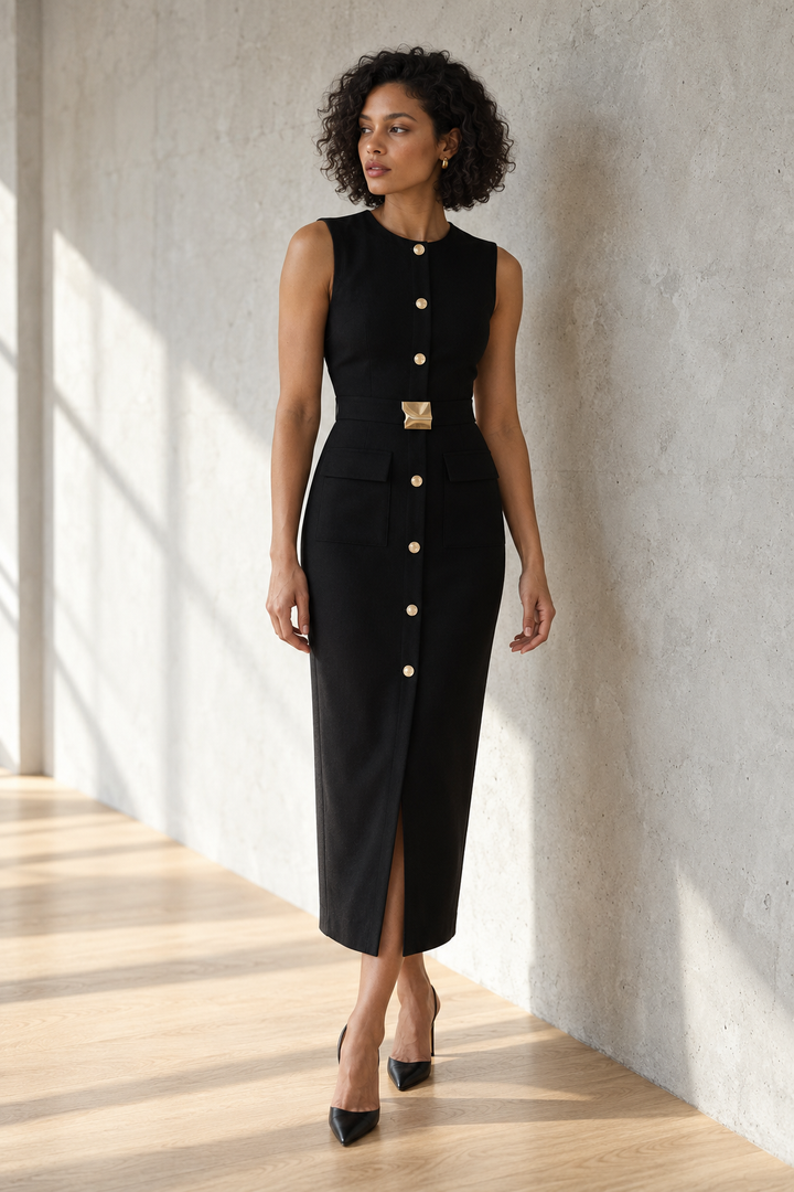 Robe noire ceinturée à boutons dorés