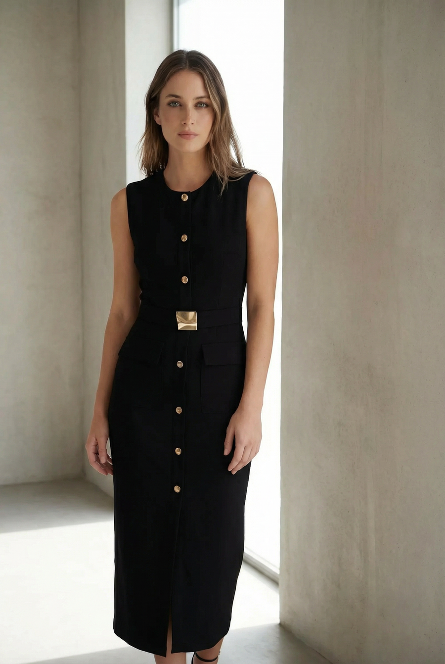 Robe noire ceinturée à boutons dorés