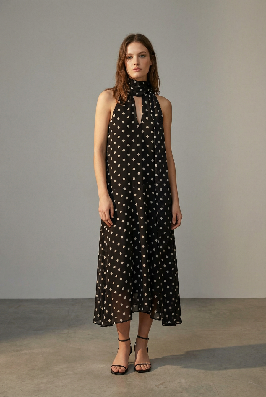 Robe noire fluide à pois blancs vue portée