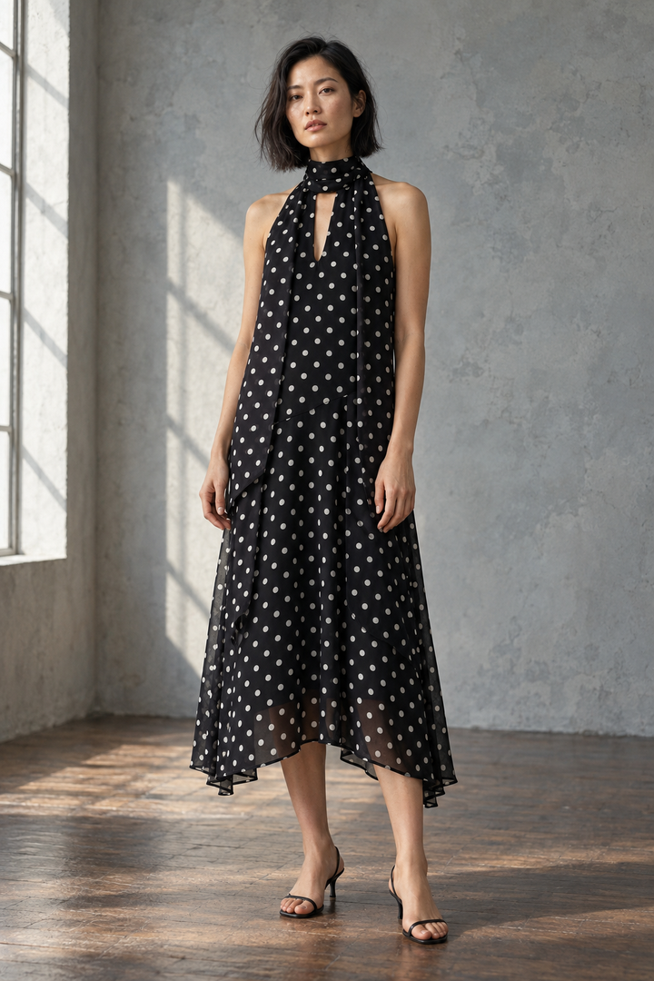 Robe noire fluide à pois blancs vue principale