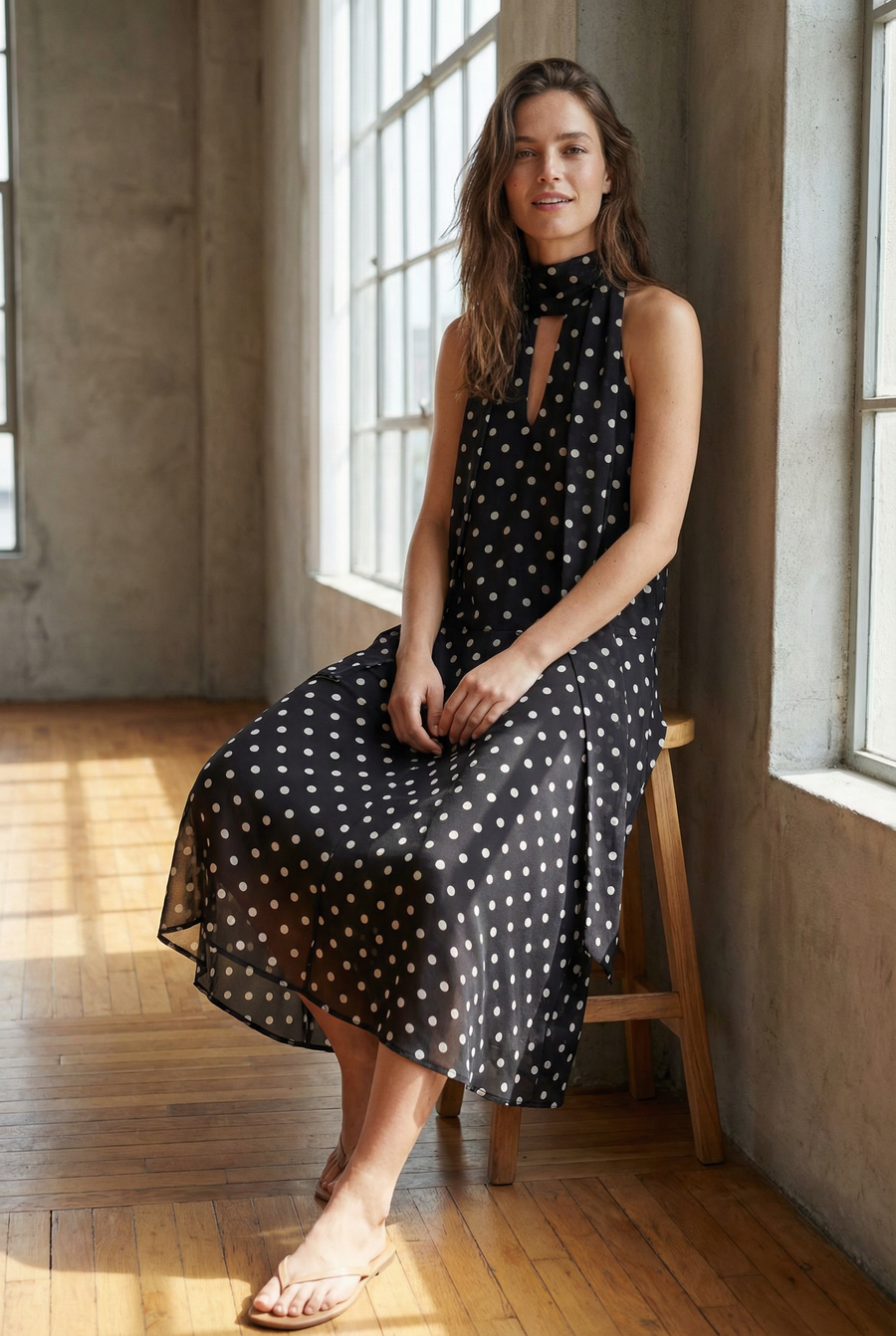 Robe noire fluide à pois blancs vue de profil