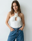 Top blanc femme élégant à col noué floral