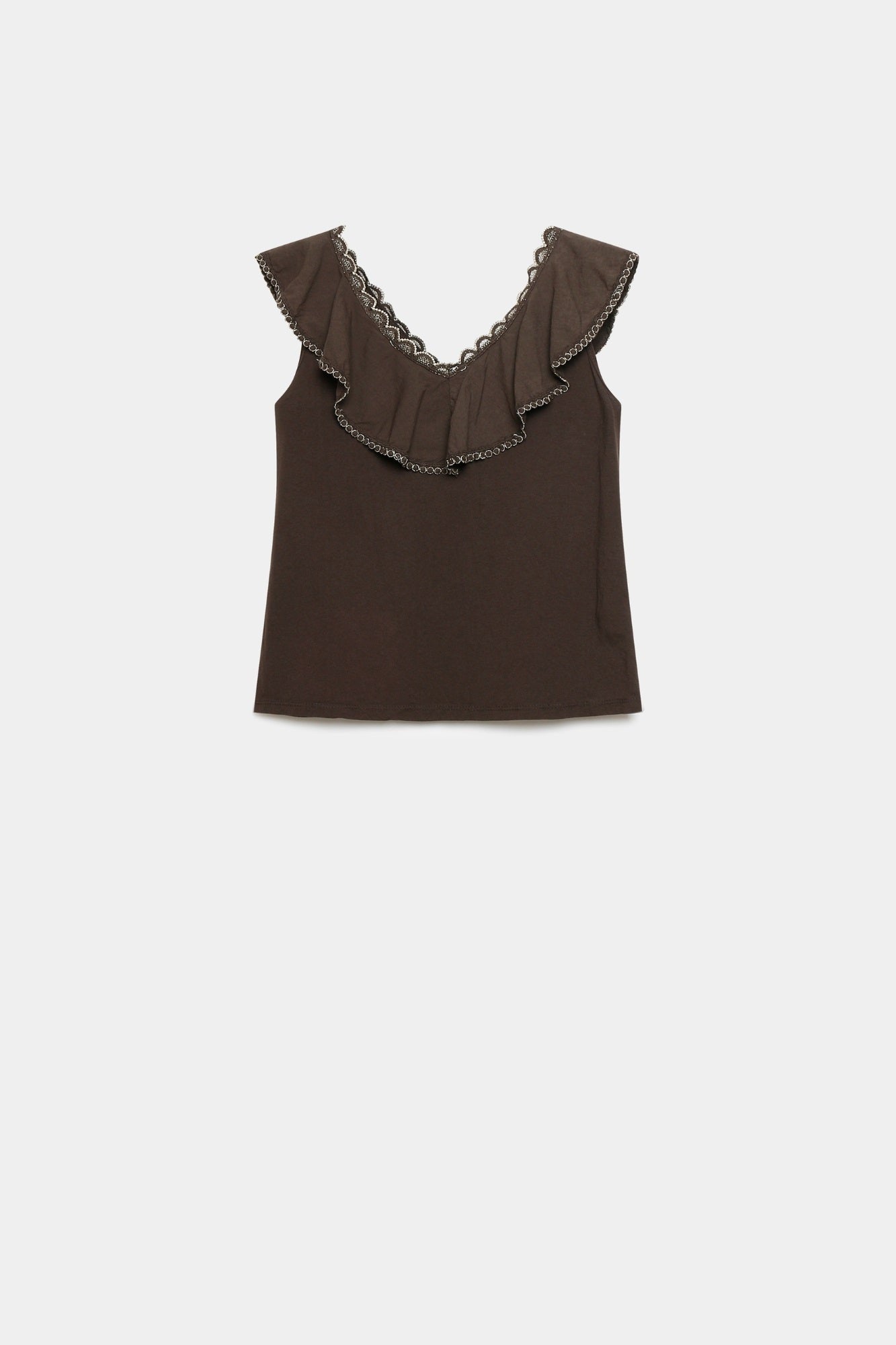 Top coton brodé volants femme col V sans manches en marron présenté à plat pour montrer sa coupe.