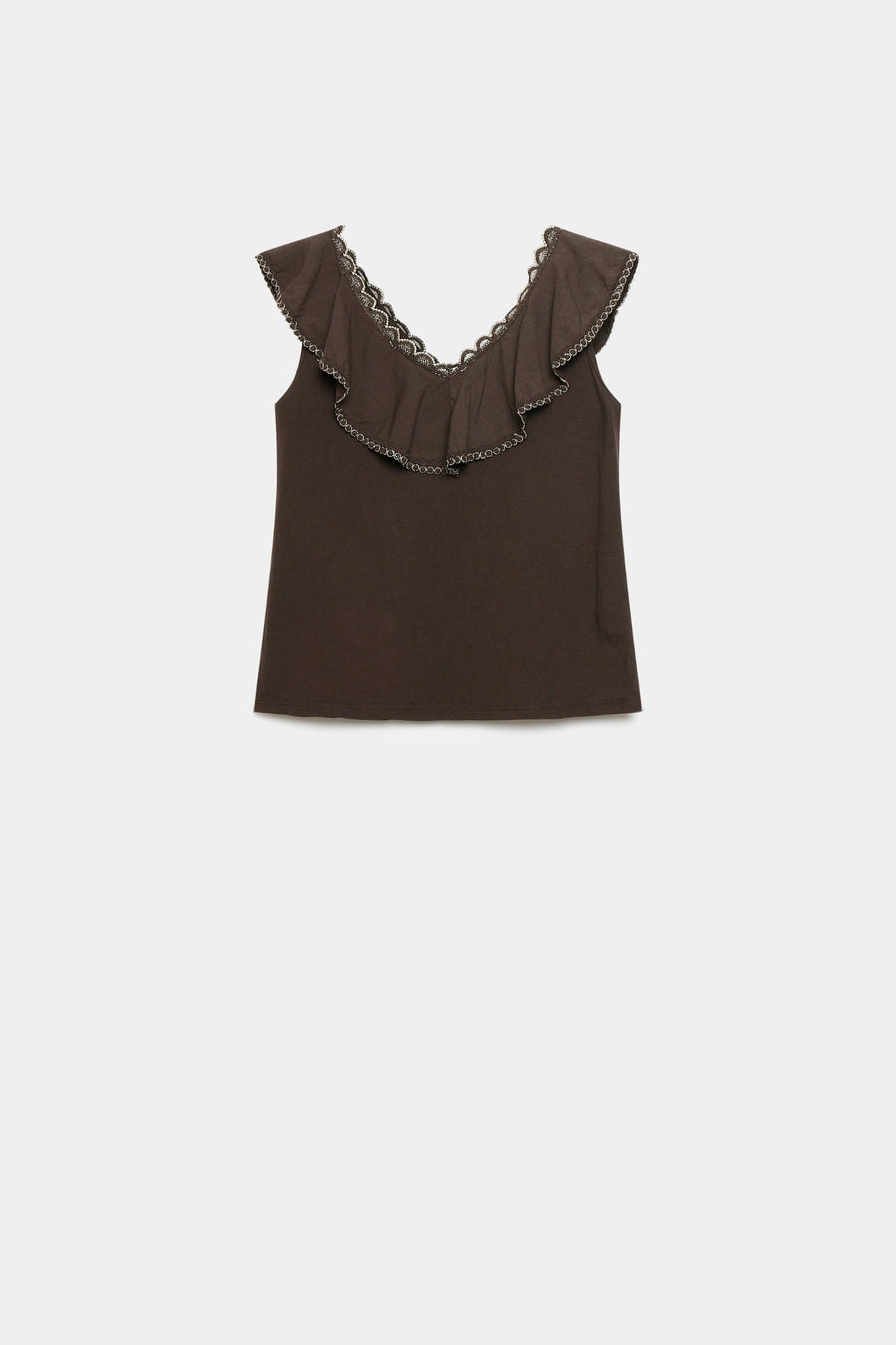 Top coton brodé volants femme col V sans manches en marron présenté à plat pour montrer sa coupe.