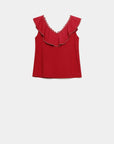 Top coton brodé volants femme en rouge présenté à plat, illustrant le style sans manches et le col V.
