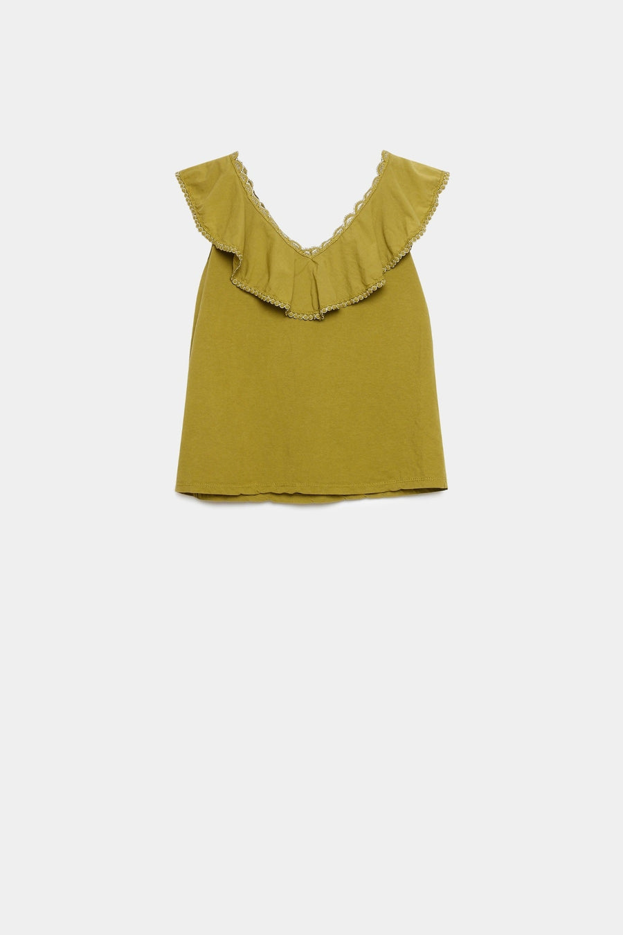 Top coton brodé volants femme en olive, affiché à plat pour mettre en avant son design unique.