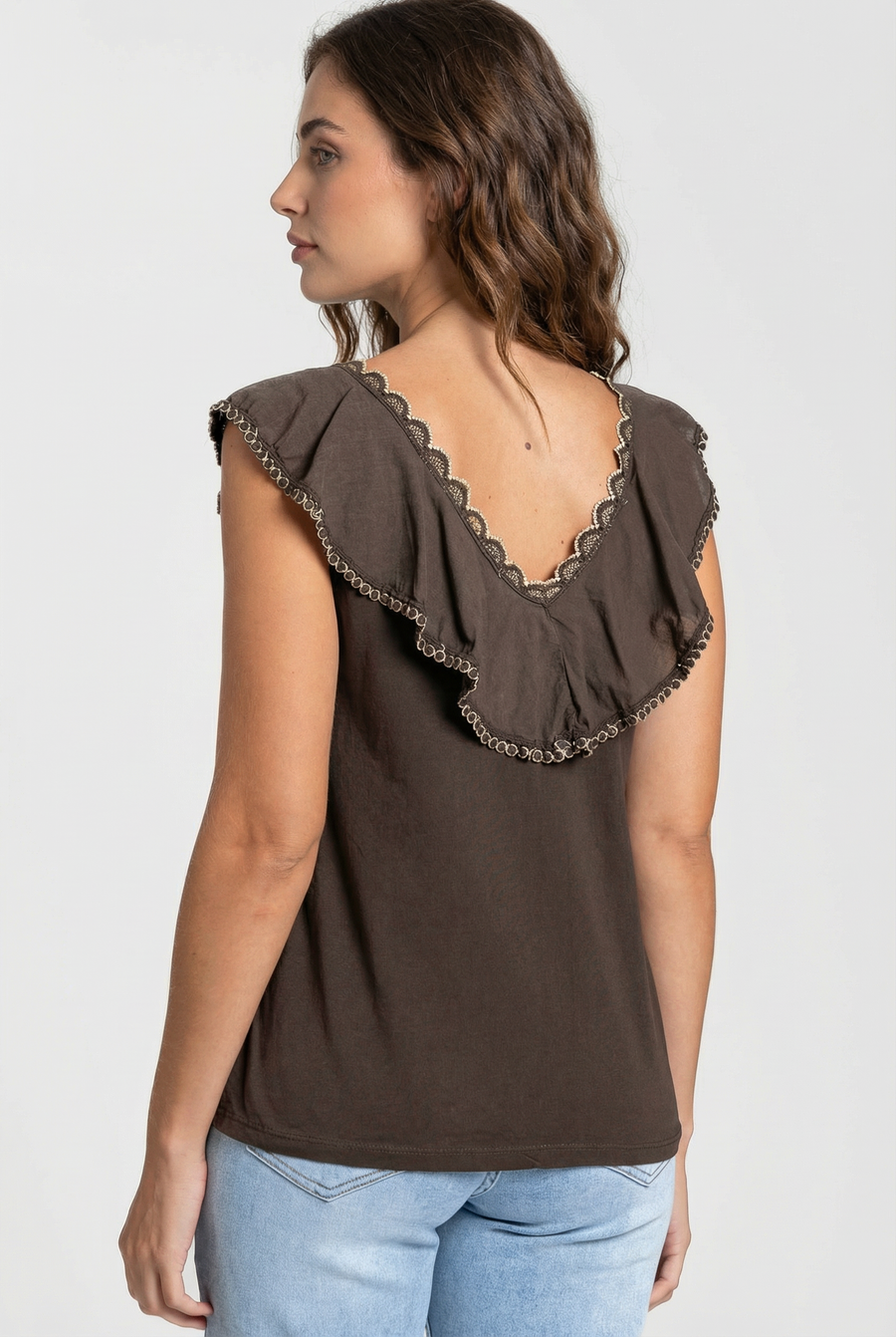 Top en coton brodé volants femme col V sans manches