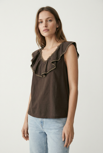 Top en coton brodé volants femme col V sans manches