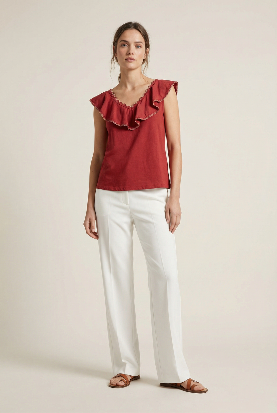 Top en coton brodé volants femme col V sans manches