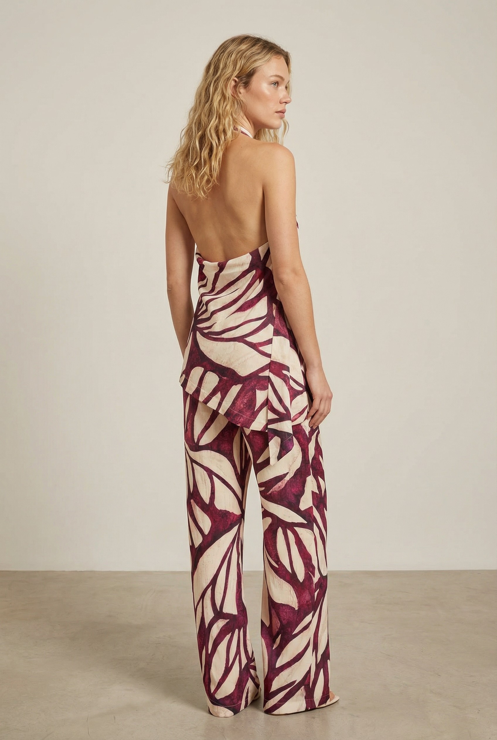 Top fluide femme – dos nu – Violet bordeaux imprimé