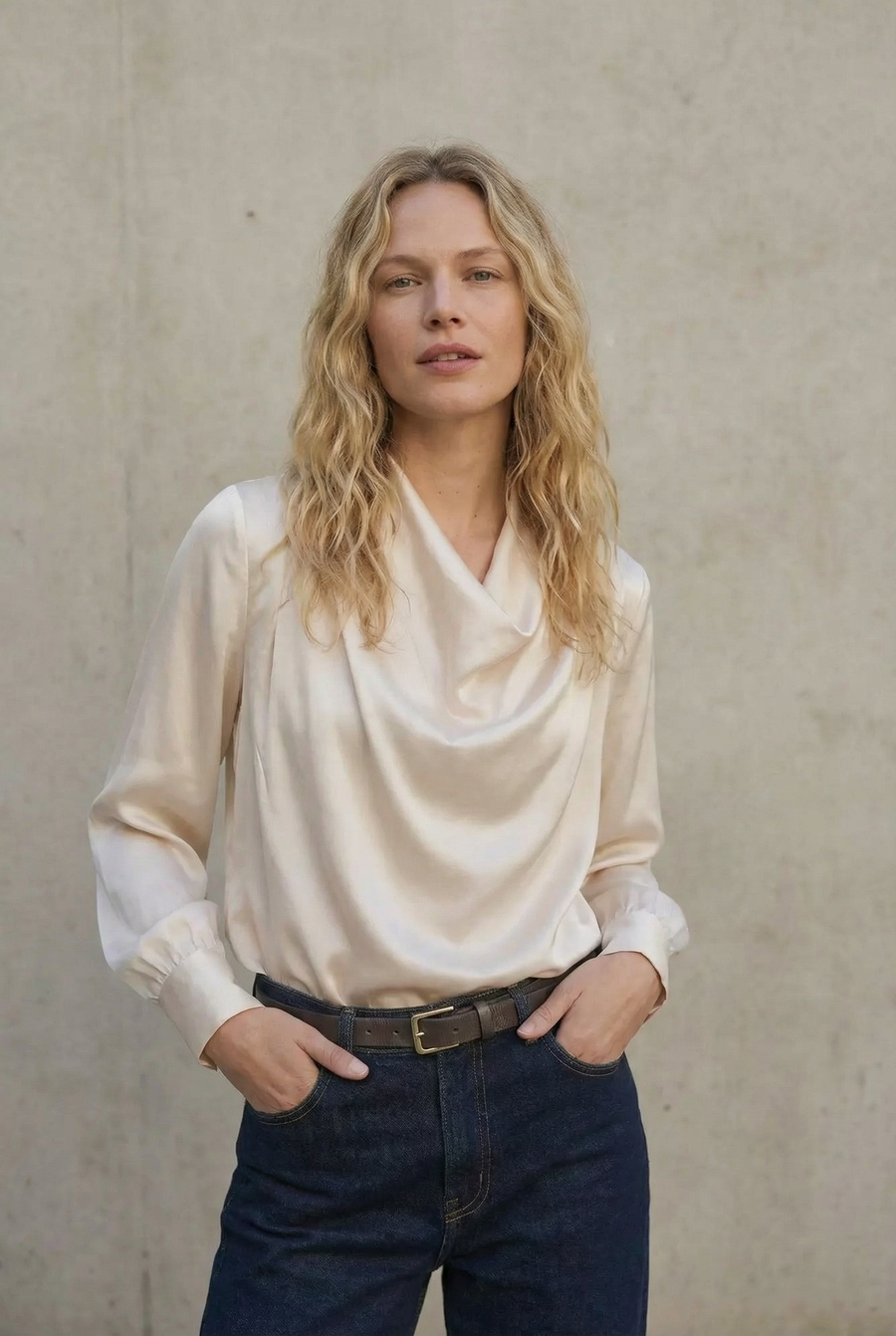 Top satiné col bénitier beige avec nœud au dos look complet