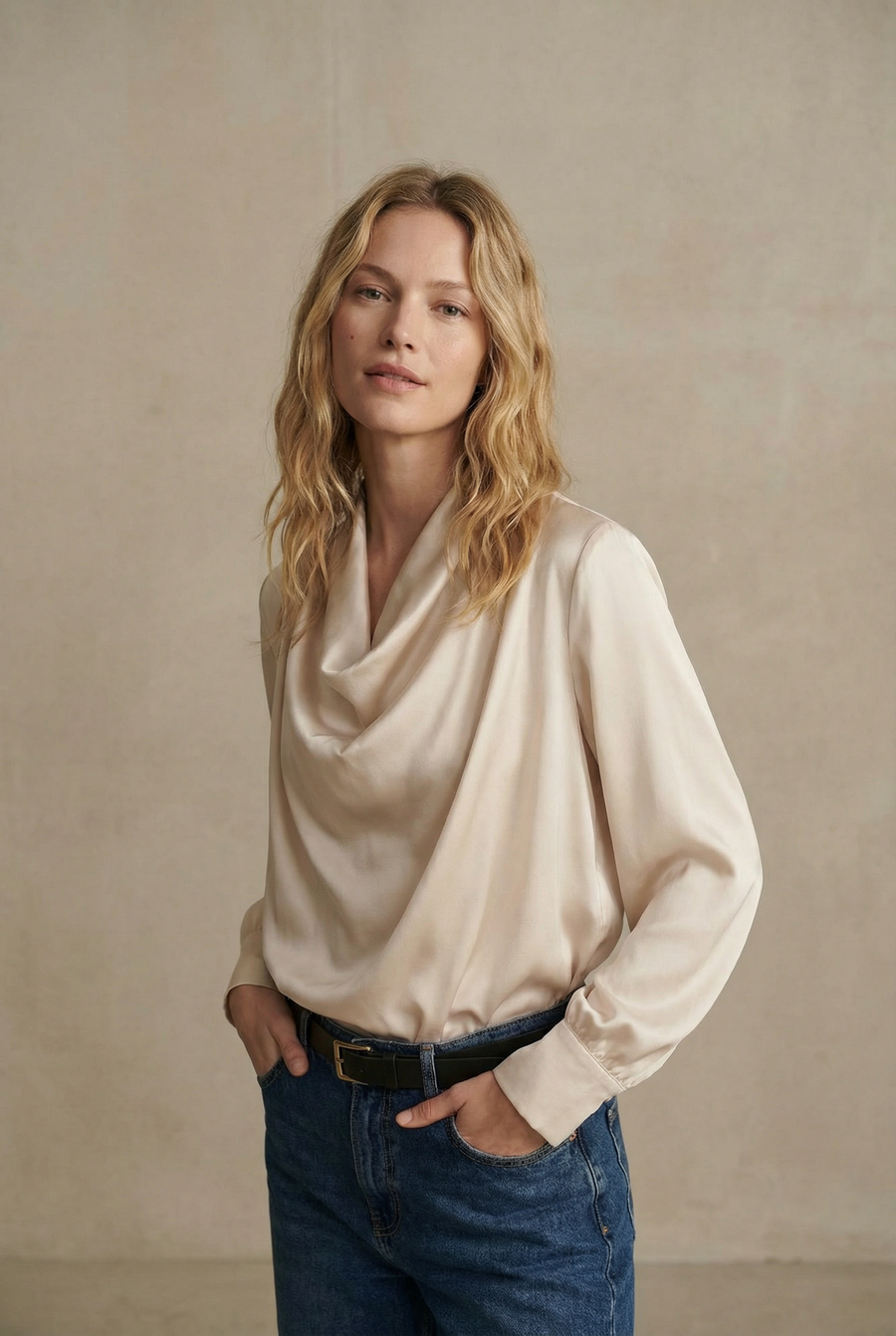 Top satiné col bénitier beige avec nœud au dos vue 7