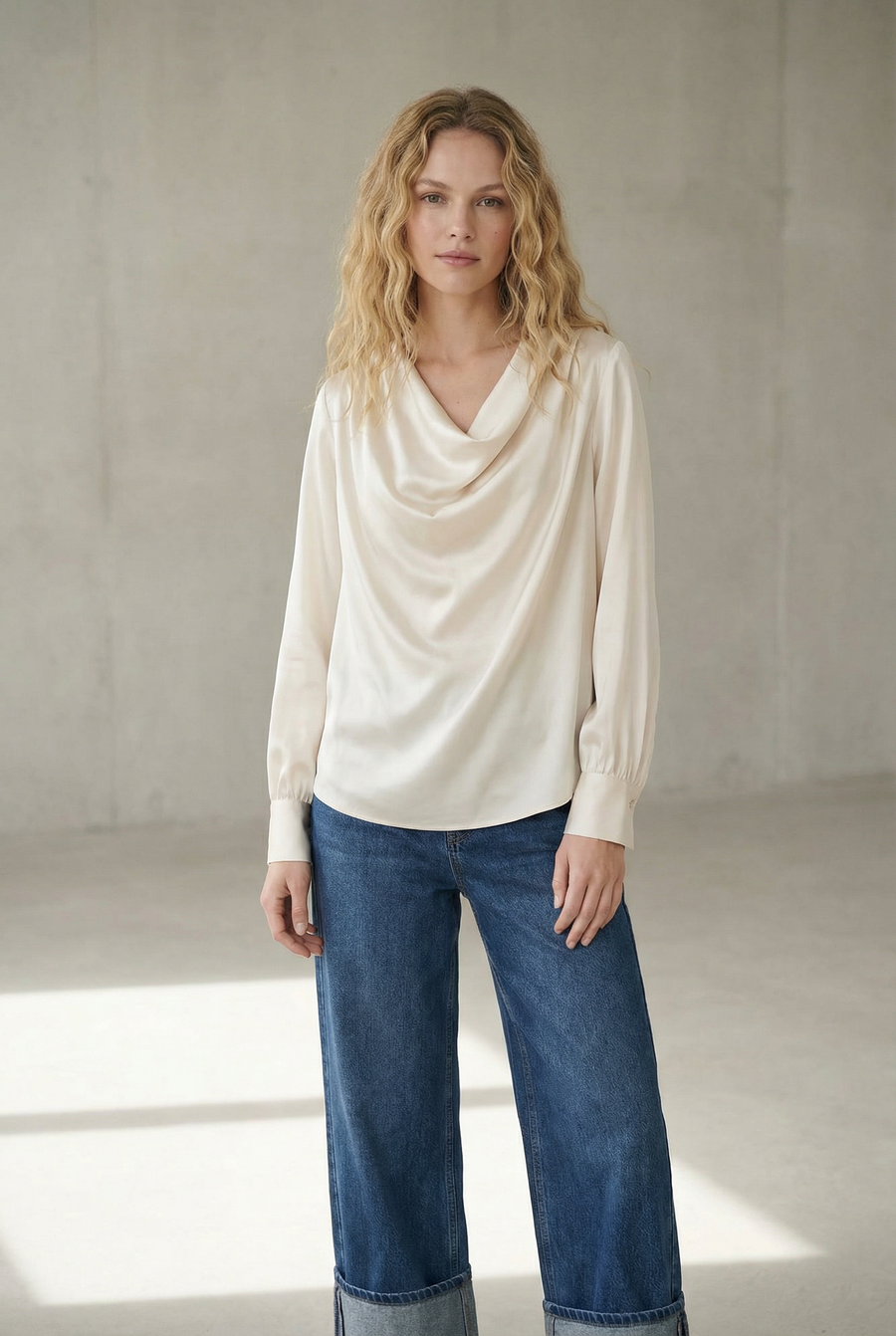 Top satiné col bénitier beige avec nœud au dos vue 6