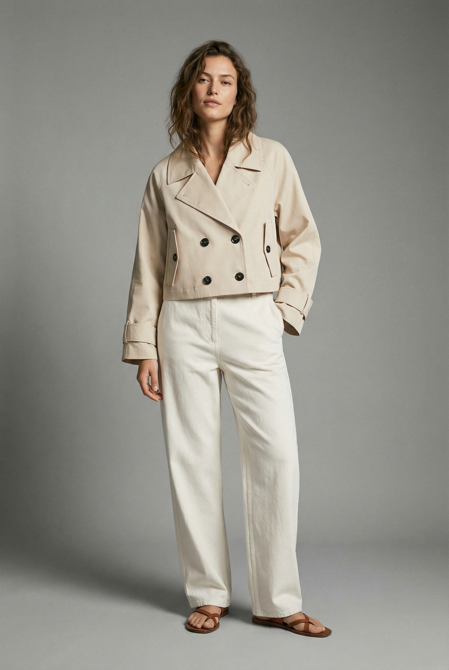 Trench court beige double boutonnage vue de profil