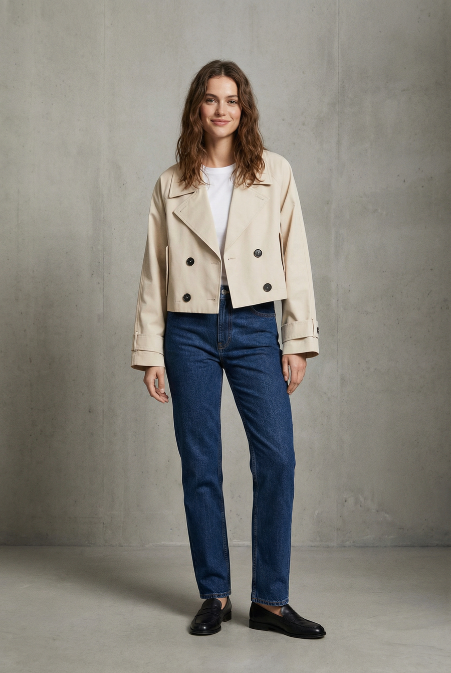 Trench court beige double boutonnage look complet