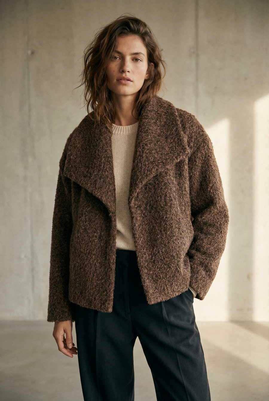 Veste courte effet poil doublée col à revers vue de profil