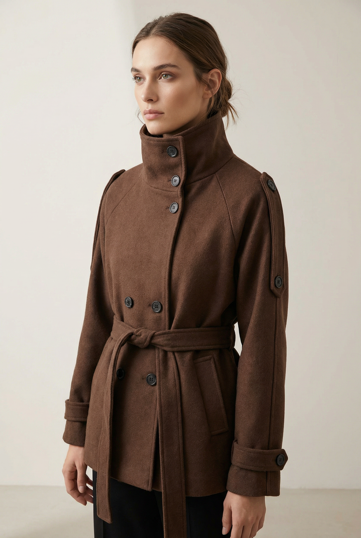 Veste marron à col montant boutonné et ceinture nouée, vue de trois quarts.