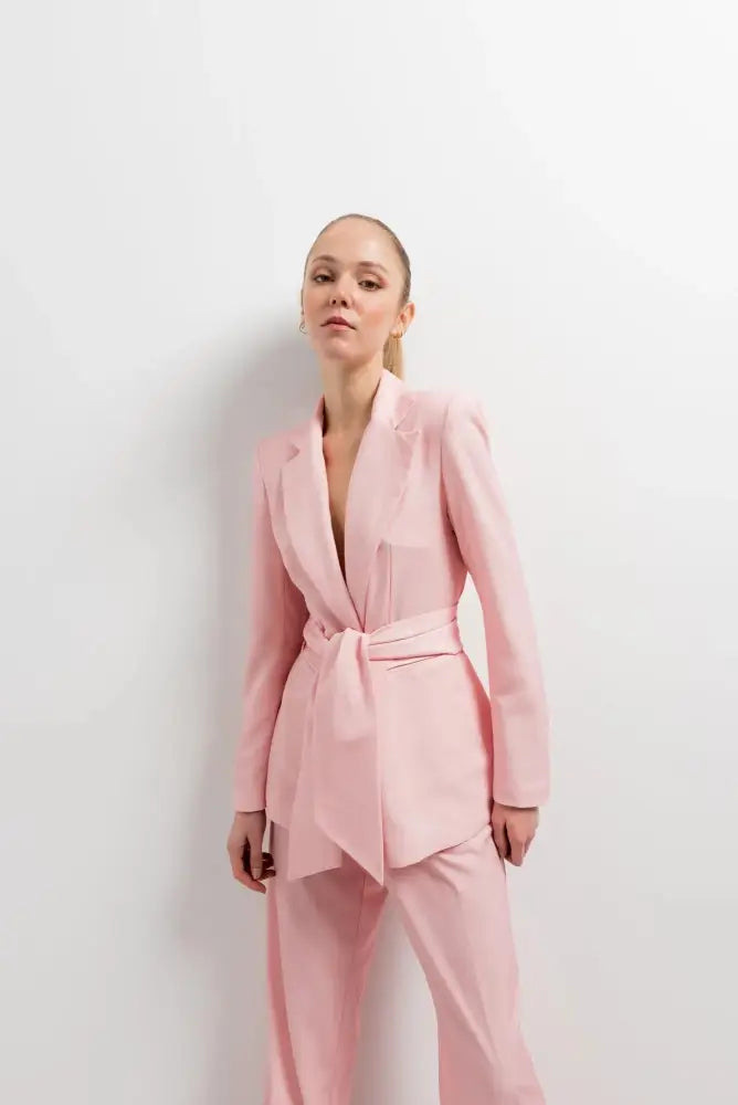 Blazer femme ceinturé rose poudré, élégante veste blazer femme tendance