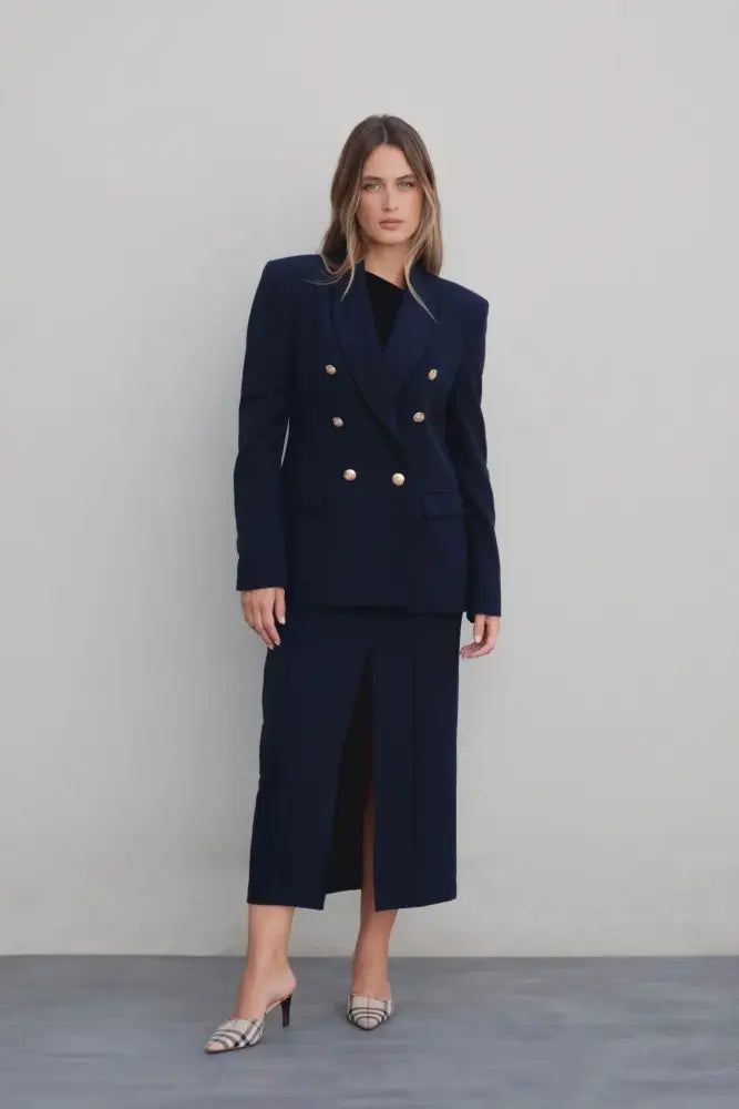 Blazer femme marine à boutons dorés et jupe femme assortie pour femme à boutons élégante